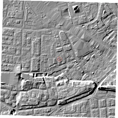Shaded relief map of the ground around SE163LU, computed from Environment Agency LiDAR. The ground here sits at about 2 m above sea level and falls 11 m across the surrounding 800 m. Surface water reaching this point runs off ground lying to the north, 1.1 m higher.