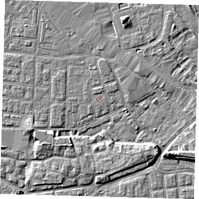 Shaded relief map of the ground around SE163LX, computed from Environment Agency LiDAR. The ground here sits at about 2 m above sea level and falls 10 m across the surrounding 800 m. Surface water reaching this point runs off ground lying to the north, 0.8 m higher.
