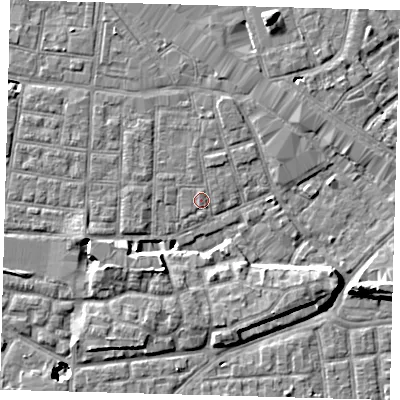 Shaded relief map of the ground around SE163LY, computed from Environment Agency LiDAR. The ground here sits at about 2 m above sea level and falls 11 m across the surrounding 800 m. Surface water reaching this point runs off ground lying to the north-north-east, 1.1 m higher.