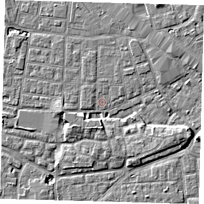 Shaded relief map of the ground around SE163NP, computed from Environment Agency LiDAR. The ground here sits at about 2 m above sea level and falls 10 m across the surrounding 800 m. Surface water reaching this point runs off ground lying to the north-west, 1.1 m higher.