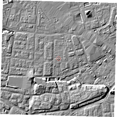 Shaded relief map of the ground around SE163NR, computed from Environment Agency LiDAR. The ground here sits at about 2 m above sea level and falls 10 m across the surrounding 800 m. The ground contributing surface water to this point lies to the east-north-east.