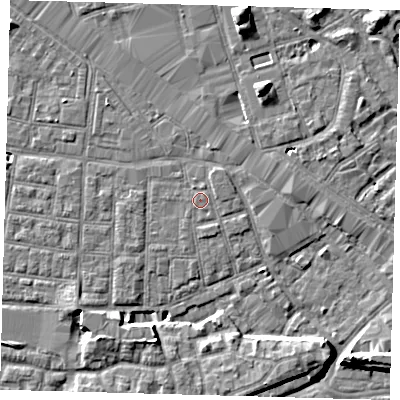 Shaded relief map of the ground around SE163NX, computed from Environment Agency LiDAR. The ground here sits at about 2 m above sea level and falls 8 m across the surrounding 800 m. The ground contributing surface water to this point lies to the north-north-west.