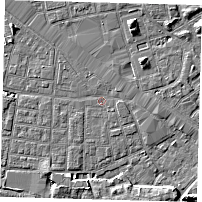 Shaded relief map of the ground around SE163NY, computed from Environment Agency LiDAR. The ground here sits at about 2 m above sea level and falls 8 m across the surrounding 800 m. Surface water reaching this point runs off ground lying to the east-north-east, 1.1 m higher.