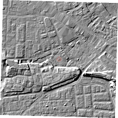 Shaded relief map of the ground around SE163PA, computed from Environment Agency LiDAR. The ground here sits at about 1 m above sea level and falls 14 m across the surrounding 800 m. Surface water reaching this point runs off ground lying to the east-south-east, 7.9 m higher.