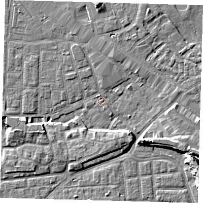 Shaded relief map of the ground around SE163PB, computed from Environment Agency LiDAR. The ground here sits at about 2 m above sea level and falls 14 m across the surrounding 800 m. Surface water reaching this point runs off ground lying to the north-west, 1.3 m higher.