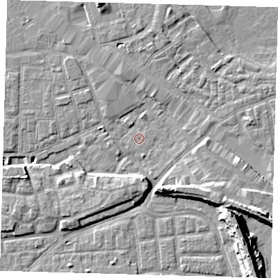Shaded relief map of the ground around SE163PD, computed from Environment Agency LiDAR. The ground here sits at about 1 m above sea level and falls 14 m across the surrounding 800 m. Surface water reaching this point runs off ground lying to the north-north-west, 2.1 m higher.