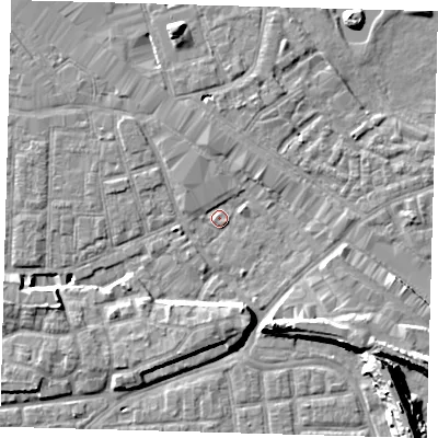 Shaded relief map of the ground around SE163PE, computed from Environment Agency LiDAR. The ground here sits at about 2 m above sea level and falls 14 m across the surrounding 800 m. Surface water reaching this point runs off ground lying to the north, 2.3 m higher.