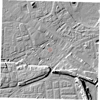 Shaded relief map of the ground around SE163PG, computed from Environment Agency LiDAR. The ground here sits at about 1 m above sea level and falls 14 m across the surrounding 800 m. Surface water reaching this point runs off ground lying to the north-north-west, 2.1 m higher.