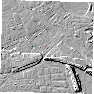 Shaded relief map of the ground around SE163PH, computed from Environment Agency LiDAR. The ground here sits at about 1 m above sea level and falls 14 m across the surrounding 800 m. Surface water reaching this point runs off ground lying to the east-north-east, 1.0 m higher.
