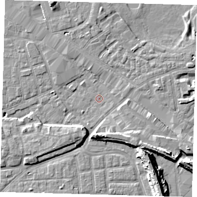 Shaded relief map of the ground around SE163PJ, computed from Environment Agency LiDAR. The ground here sits at about 1 m above sea level and falls 14 m across the surrounding 800 m. Surface water reaching this point runs off ground lying to the east-south-east, 1.2 m higher.