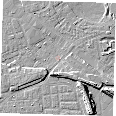 Shaded relief map of the ground around SE163PL, computed from Environment Agency LiDAR. The ground here sits at about 1 m above sea level and falls 13 m across the surrounding 800 m. Surface water reaching this point runs off ground lying to the east-north-east, 0.9 m higher.