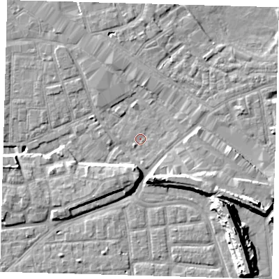 Shaded relief map of the ground around SE163PQ, computed from Environment Agency LiDAR. The ground here sits at about 1 m above sea level and falls 14 m across the surrounding 800 m. Surface water reaching this point runs off ground lying to the south-south-west, 6.1 m higher.