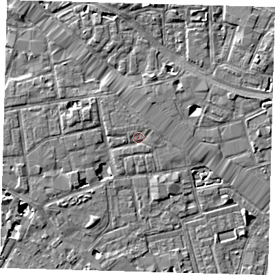 Shaded relief map of the ground around SE163QA, computed from Environment Agency LiDAR. The ground here sits at about 3 m above sea level and falls 7 m across the surrounding 800 m. Surface water reaching this point runs off ground lying to the north-east, 1.0 m higher.