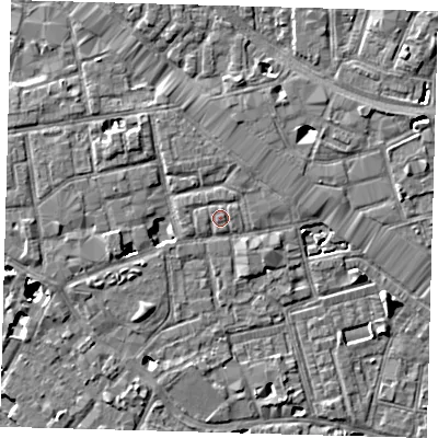 Shaded relief map of the ground around SE163QB, computed from Environment Agency LiDAR. The ground here sits at about 3 m above sea level and falls 7 m across the surrounding 800 m. Surface water reaching this point runs off ground lying to the west-south-west, 3.3 m higher.