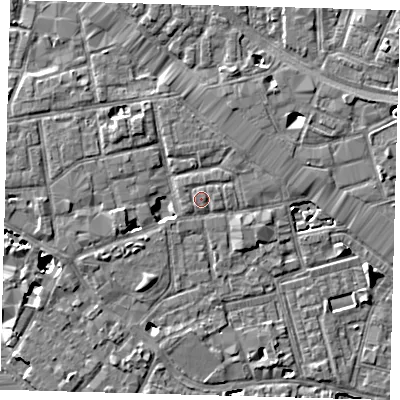 Shaded relief map of the ground around SE163QD, computed from Environment Agency LiDAR. The ground here sits at about 3 m above sea level and falls 7 m across the surrounding 800 m. Surface water reaching this point runs off ground lying to the west-south-west, 3.3 m higher.