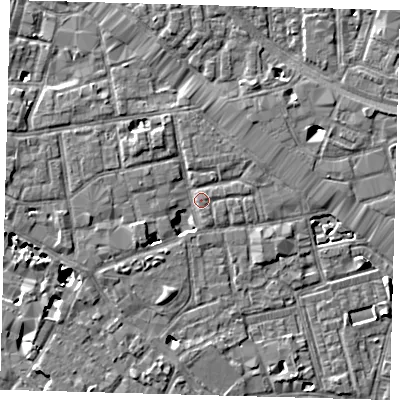 Shaded relief map of the ground around SE163QE, computed from Environment Agency LiDAR. The ground here sits at about 3 m above sea level and falls 7 m across the surrounding 800 m. Surface water reaching this point runs off ground lying to the north-west, 3.2 m higher.