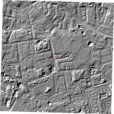 Shaded relief map of the ground around SE163QF, computed from Environment Agency LiDAR. The ground here sits at about 3 m above sea level and falls 7 m across the surrounding 800 m. Surface water reaching this point runs off ground lying to the north-west, 3.2 m higher.