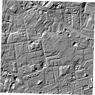 Shaded relief map of the ground around SE163QH, computed from Environment Agency LiDAR. The ground here sits at about 4 m above sea level and falls 7 m across the surrounding 800 m. The ground contributing surface water to this point lies to the south.