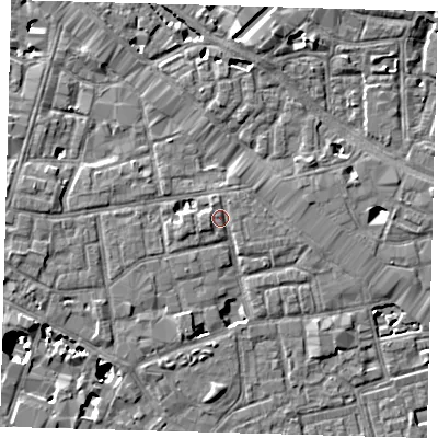 Shaded relief map of the ground around SE163QL, computed from Environment Agency LiDAR. The ground here sits at about 4 m above sea level and falls 8 m across the surrounding 800 m. Surface water reaching this point runs off ground lying to the west-south-west, 1.3 m higher.