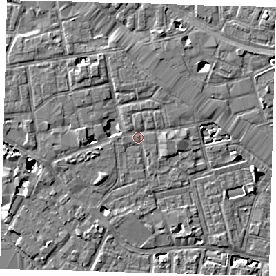 Shaded relief map of the ground around SE163QT, computed from Environment Agency LiDAR. The ground here sits at about 3 m above sea level and falls 7 m across the surrounding 800 m. Surface water reaching this point runs off ground lying to the west, 3.3 m higher.
