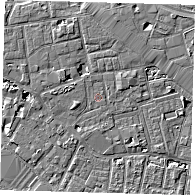 Shaded relief map of the ground around SE163QU, computed from Environment Agency LiDAR. The ground here sits at about 3 m above sea level and falls 7 m across the surrounding 800 m. The ground contributing surface water to this point lies to the west-south-west.