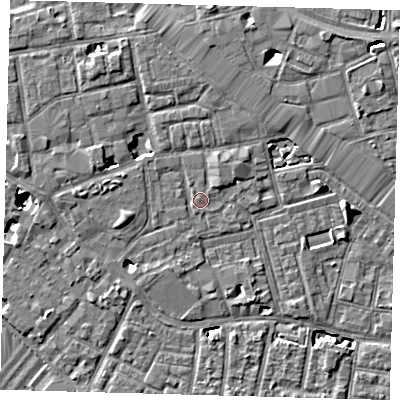 Shaded relief map of the ground around SE163QY, computed from Environment Agency LiDAR. The ground here sits at about 3 m above sea level and falls 7 m across the surrounding 800 m. Surface water reaching this point runs off ground lying to the north-west, 0.7 m higher.