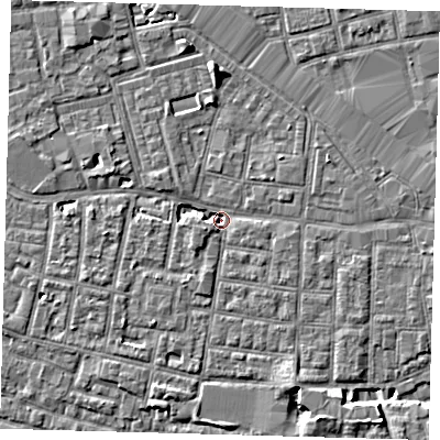 Shaded relief map of the ground around SE163RP, computed from Environment Agency LiDAR. The ground here sits at about 1 m above sea level and falls 7 m across the surrounding 800 m. Surface water reaching this point runs off ground lying to the west-south-west, 2.7 m higher.