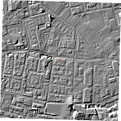 Shaded relief map of the ground around SE163RQ, computed from Environment Agency LiDAR. The ground here sits at about 2 m above sea level and falls 7 m across the surrounding 800 m. Surface water reaching this point runs off ground lying to the south-south-east, 0.9 m higher.