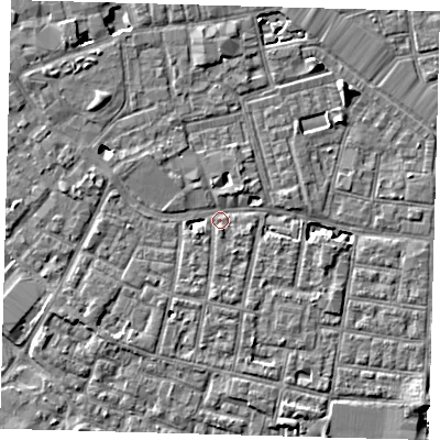 Shaded relief map of the ground around SE163RS, computed from Environment Agency LiDAR. The ground here sits at about 2 m above sea level and falls 7 m across the surrounding 800 m. Surface water reaching this point runs off ground lying to the west, 2.7 m higher.