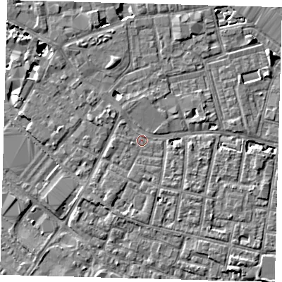 Shaded relief map of the ground around SE163RT, computed from Environment Agency LiDAR. The ground here sits at about 2 m above sea level and falls 7 m across the surrounding 800 m. Surface water reaching this point runs off ground lying to the north, 1.1 m higher.