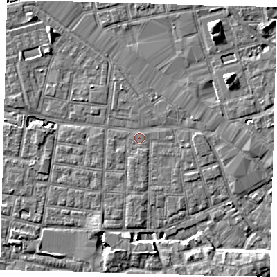 Shaded relief map of the ground around SE163RW, computed from Environment Agency LiDAR. The ground here sits at about 2 m above sea level and falls 8 m across the surrounding 800 m. Surface water reaching this point runs off ground lying to the east-north-east, 1.1 m higher.