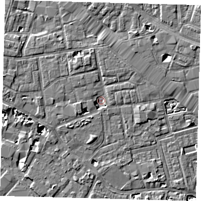Shaded relief map of the ground around SE163SA, computed from Environment Agency LiDAR. The ground here sits at about 1 m above sea level and falls 8 m across the surrounding 800 m. Surface water reaching this point runs off ground lying to the west-south-west, 3.3 m higher.