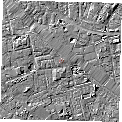 Shaded relief map of the ground around SE163SG, computed from Environment Agency LiDAR. The ground here sits at about 3 m above sea level and falls 6 m across the surrounding 800 m. The ground contributing surface water to this point lies to the east-south-east.