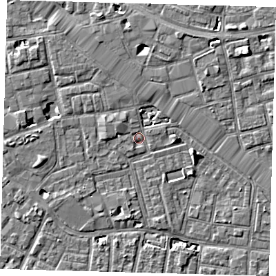Shaded relief map of the ground around SE163SL, computed from Environment Agency LiDAR. The ground here sits at about 2 m above sea level and falls 6 m across the surrounding 800 m. Surface water reaching this point runs off ground lying to the west, 3.3 m higher.