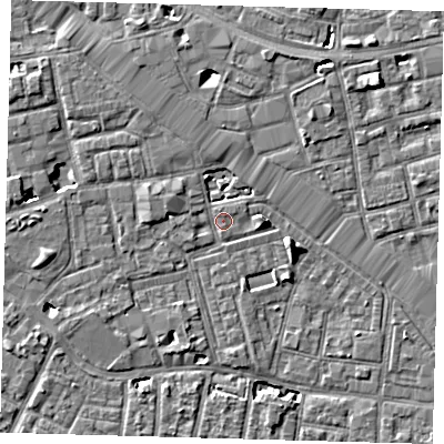 Shaded relief map of the ground around SE163SN, computed from Environment Agency LiDAR. The ground here sits at about 2 m above sea level and falls 6 m across the surrounding 800 m. Surface water reaching this point runs off ground lying to the west, 4.7 m higher.