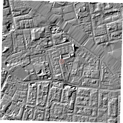 Shaded relief map of the ground around SE163SP, computed from Environment Agency LiDAR. The ground here sits at about 2 m above sea level and falls 7 m across the surrounding 800 m. Surface water reaching this point runs off ground lying to the east-north-east, 1.5 m higher.