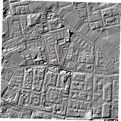 Shaded relief map of the ground around SE163SR, computed from Environment Agency LiDAR. The ground here sits at about 2 m above sea level and falls 7 m across the surrounding 800 m. Surface water reaching this point runs off ground lying to the north-west, 0.6 m higher.