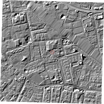 Shaded relief map of the ground around SE163TL, computed from Environment Agency LiDAR. The ground here sits at about 3 m above sea level and falls 6 m across the surrounding 800 m. Surface water reaching this point runs off ground lying to the west-north-west, 1.2 m higher.