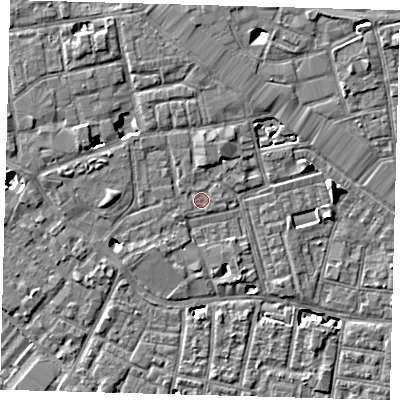 Shaded relief map of the ground around SE163TR, computed from Environment Agency LiDAR. The ground here sits at about 3 m above sea level and falls 7 m across the surrounding 800 m. Surface water reaching this point runs off ground lying to the west, 4.3 m higher.