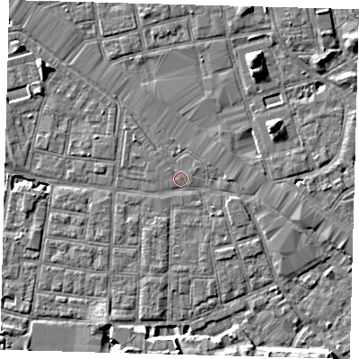 Shaded relief map of the ground around SE163TS, computed from Environment Agency LiDAR. The ground here sits at about 2 m above sea level and falls 8 m across the surrounding 800 m. Surface water reaching this point runs off ground lying to the east, 1.1 m higher.