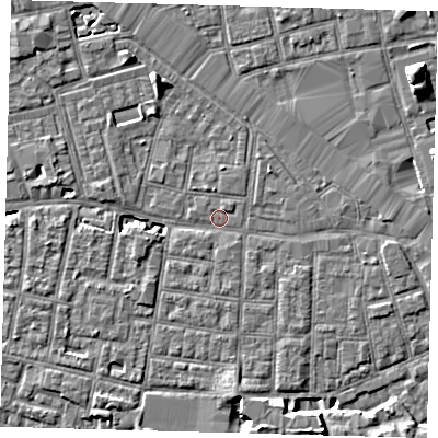 Shaded relief map of the ground around SE163TX, computed from Environment Agency LiDAR. The ground here sits at about 2 m above sea level and falls 8 m across the surrounding 800 m. Surface water reaching this point runs off ground lying to the north-north-west, 5.7 m higher.