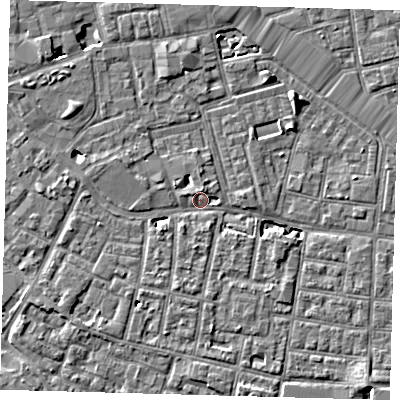 Shaded relief map of the ground around SE163TY, computed from Environment Agency LiDAR. The ground here sits at about 2 m above sea level and falls 7 m across the surrounding 800 m. Surface water reaching this point runs off ground lying to the west-south-west, 2.7 m higher.