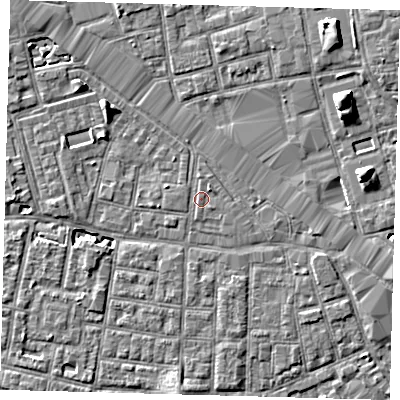 Shaded relief map of the ground around SE163UA, computed from Environment Agency LiDAR. The ground here sits at about 2 m above sea level and falls 7 m across the surrounding 800 m. Surface water reaching this point runs off ground lying to the north-north-west, 1.7 m higher.