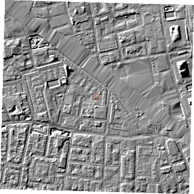 Shaded relief map of the ground around SE163UD, computed from Environment Agency LiDAR. The ground here sits at about 2 m above sea level and falls 7 m across the surrounding 800 m. Surface water reaching this point runs off ground lying to the north-west, 4.9 m higher.