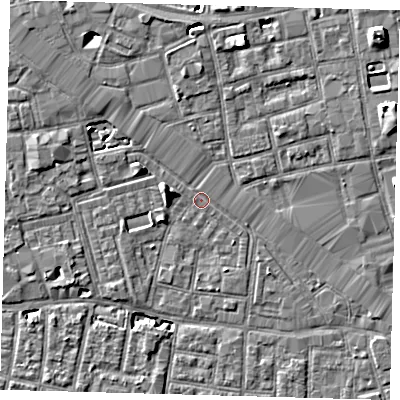 Shaded relief map of the ground around SE163UG, computed from Environment Agency LiDAR. The ground here sits at about 2 m above sea level and falls 7 m across the surrounding 800 m. Surface water reaching this point runs off ground lying to the west-north-west, 5.0 m higher.