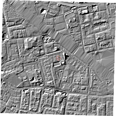 Shaded relief map of the ground around SE163UH, computed from Environment Agency LiDAR. The ground here sits at about 2 m above sea level and falls 6 m across the surrounding 800 m. Surface water reaching this point runs off ground lying to the south-east, 1.8 m higher.