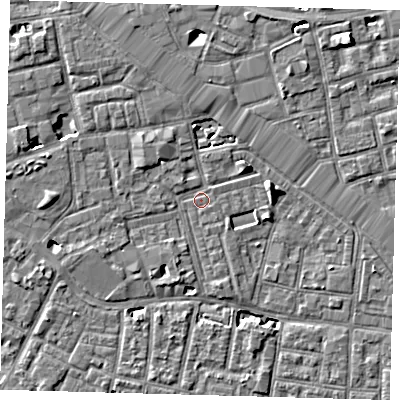 Shaded relief map of the ground around SE163UJ, computed from Environment Agency LiDAR. The ground here sits at about 2 m above sea level and falls 6 m across the surrounding 800 m. Surface water reaching this point runs off ground lying to the west, 4.3 m higher.