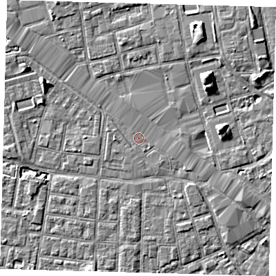 Shaded relief map of the ground around SE163UL, computed from Environment Agency LiDAR. The ground here sits at about 2 m above sea level and falls 7 m across the surrounding 800 m. Surface water reaching this point runs off ground lying to the east, 0.7 m higher.