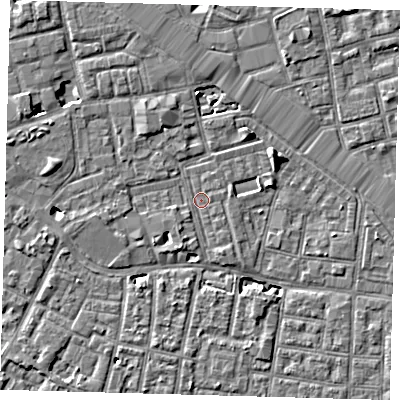 Shaded relief map of the ground around SE163UR, computed from Environment Agency LiDAR. The ground here sits at about 2 m above sea level and falls 7 m across the surrounding 800 m. Surface water reaching this point runs off ground lying to the west-south-west, 0.9 m higher.