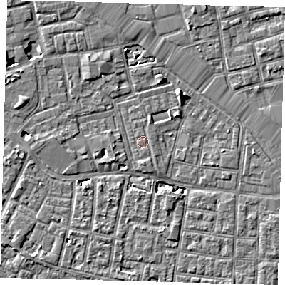 Shaded relief map of the ground around SE163UT, computed from Environment Agency LiDAR. The ground here sits at about 2 m above sea level and falls 7 m across the surrounding 800 m. The ground contributing surface water to this point lies to the north.
